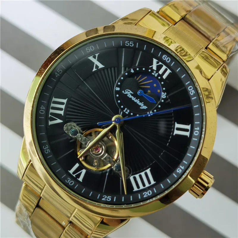 Forsining Марка Для мужчин механические часы Tourbillon Moonphase золотые Сталь Наручные Relogio