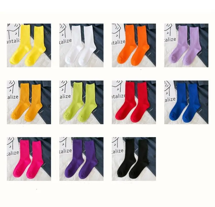 Women Socks 2021 New Fashion Solid Color Crew  Socks For Women Cotton Breathable Neon Color Long Terry Socks  Korean Socks Girl black knee high socks