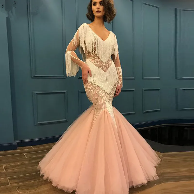 

Fashion V Neck Long Sleeve Evening Dress with Tassels Blush Lace Beaded Mermaid Prom Dresses 2020 Special Occasion Gowns Custom