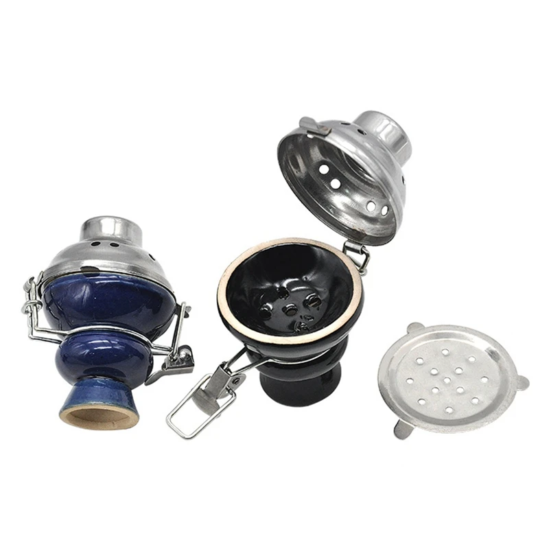 

Combined Clay Shisha Hookah Bowl Top Cup Glazed Ceramic Dia. 6cm with Metal Windcover Charcoal Screen Stainless Steel Lid Cover