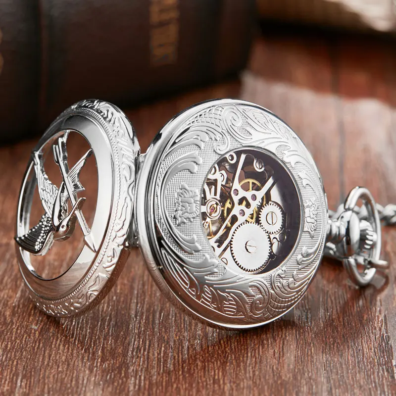Retro Peace Bird Mechanical Pocket Watch with Chain Hollow Engraved Hand Winding Pendant Clock Men Sliver Flip Fob Watches