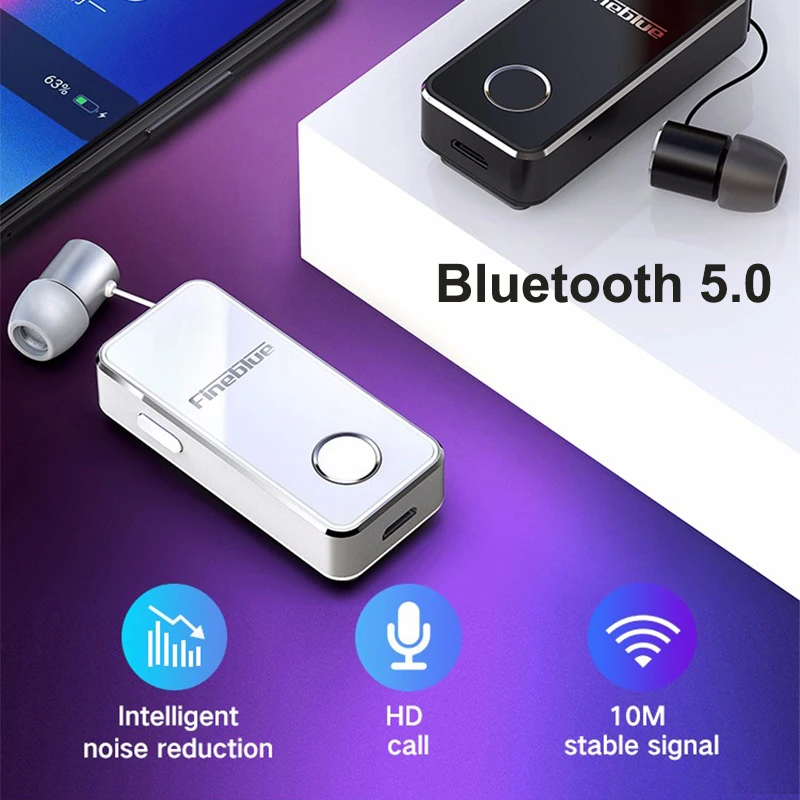 FineBlue F2 Wireless Bluetooth V5 0 Headset Handsfree Vibrating Alert Wear Clip Earphone Noise Cancellation for Smartphone