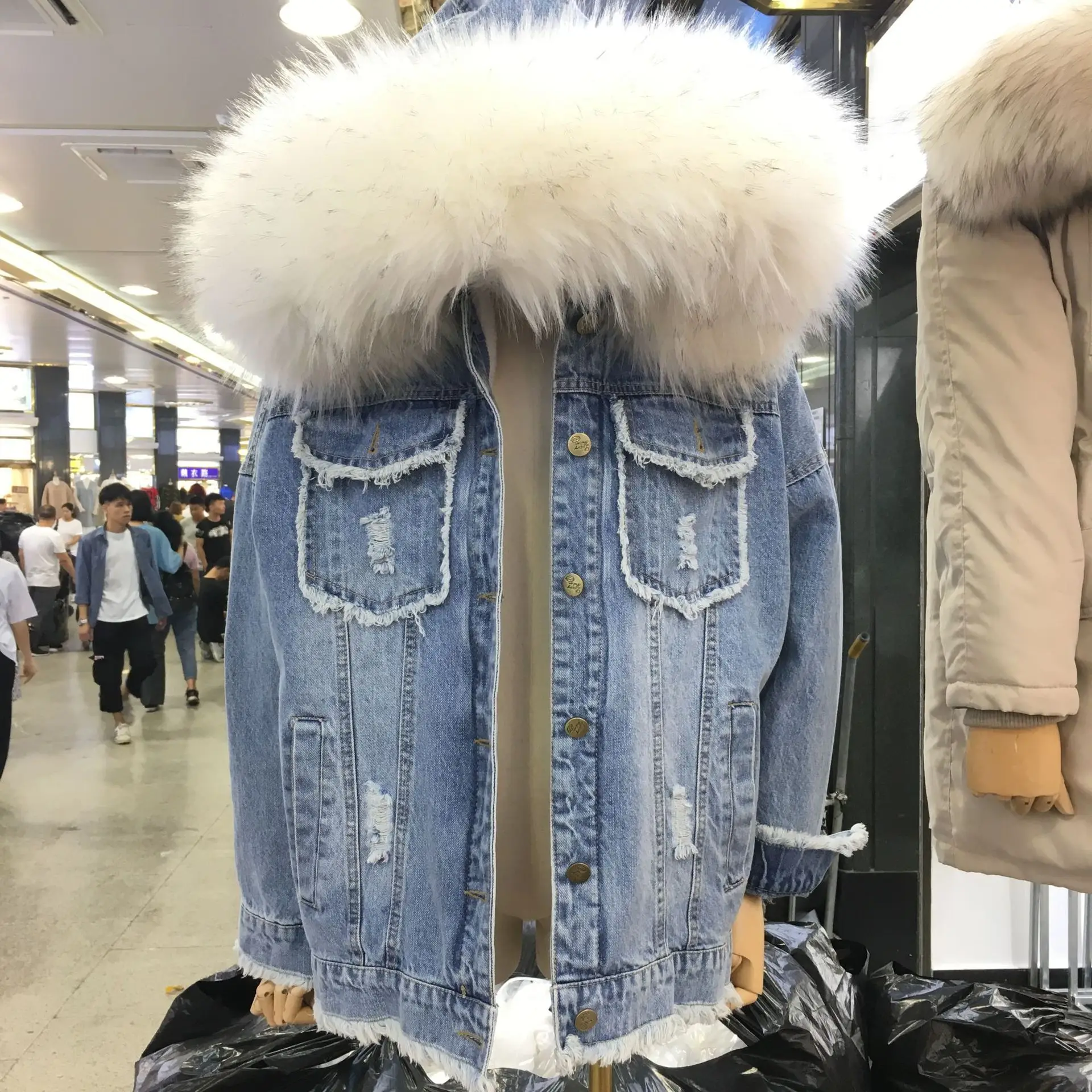 

Winter New Style Korean-style Hooded Large Fur Collar Inner Wearing Zipper Deconstructable Faux Dehaired Angora Thick Jeans Coat