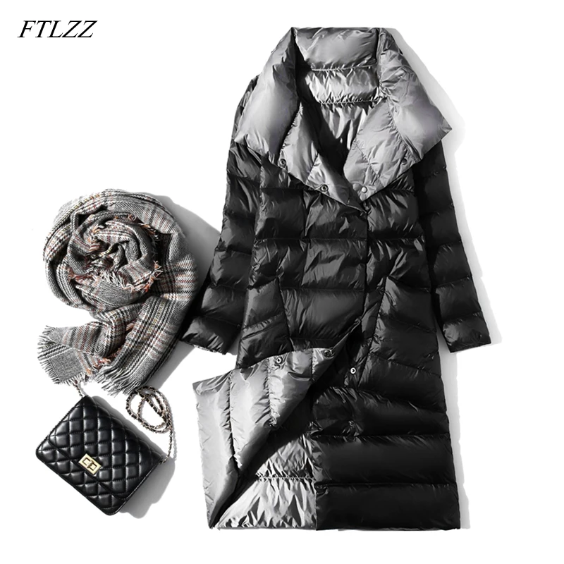 Goede FTLZZ Ultra Licht Donsjack Vrouwen Winter Dubbelzijdig Slanke Witte Eend Down Jas Enkele Breasted Coltrui Warme Parka