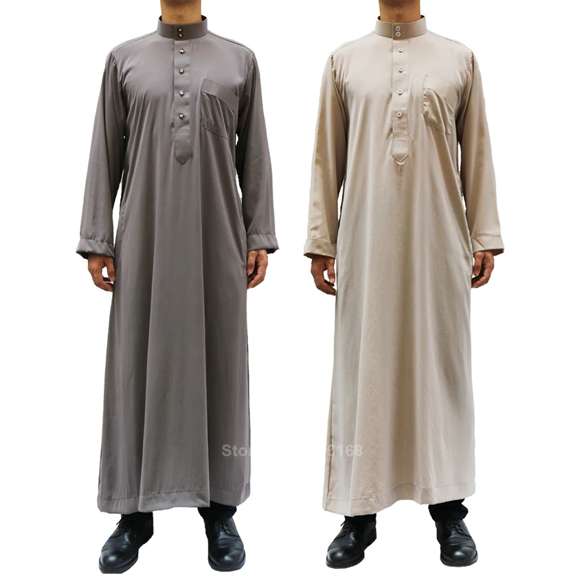 Muslim Robe Islamic Clothing Thobe Jubba Midde East Arab Kaftan Ramadan Prayer Button Solid Color Men Male Workship Service