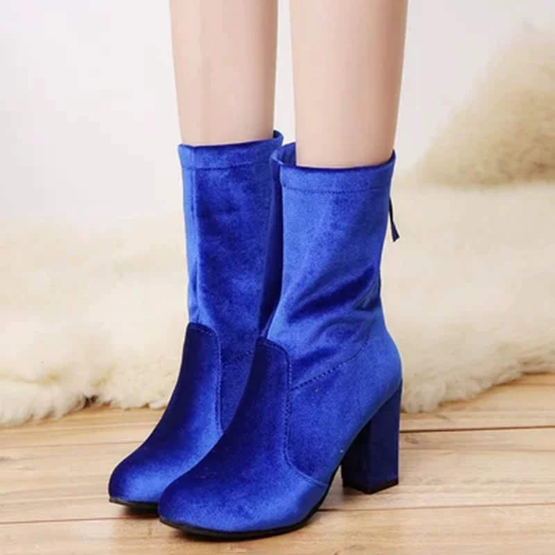 

Women Boots 2019 Spring Autumn Mid-Calf Zipper Boots Botas Fashion Female Stretch Cotton Fabric Gold Velvet Boots Shoes Woman