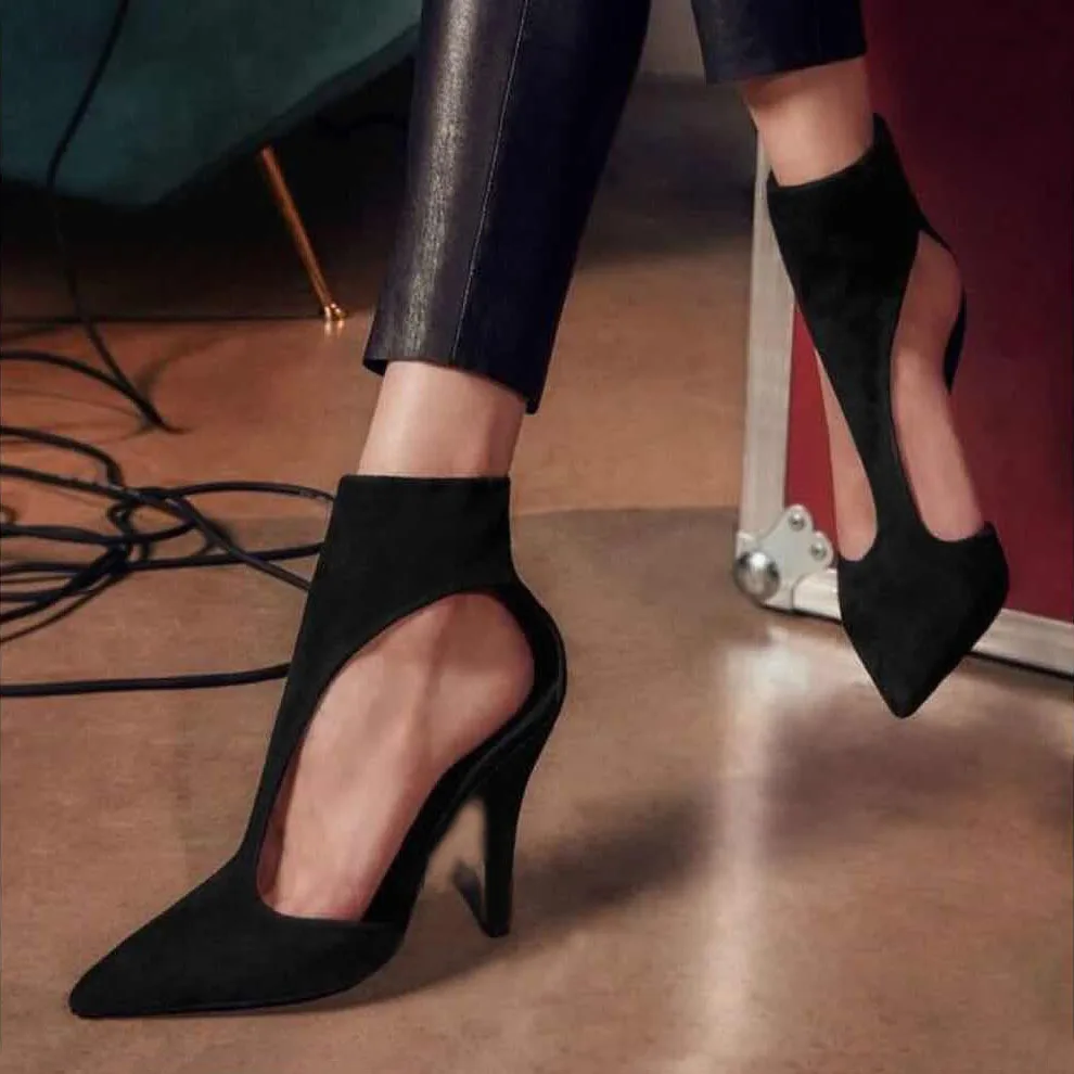 

2020 Spring Autumn New Fashion Gladiator Pumps Ankle Zipper Pointed Toe Ladies 12cm High Heels Sexy Hollow out Black Women Shoes