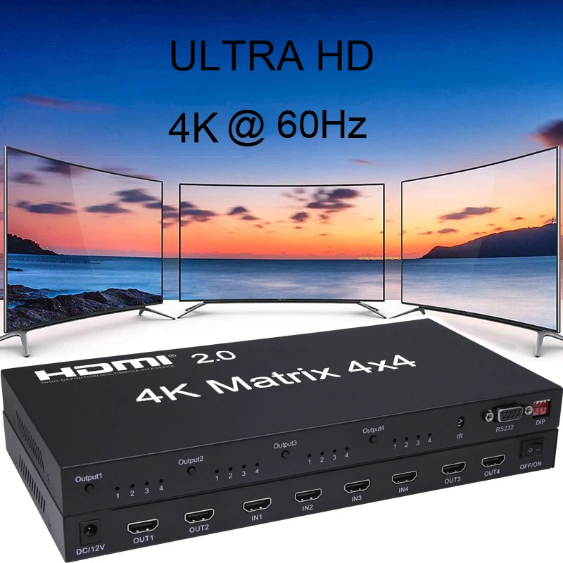 4X4 HDMI 2.0 Matrix 4K 60Hz 1080p Switcher Splitter 4 Input 4 Out Converter RS232 EDID Switch for PS4 XBox PC Output to TV HDTV 4X4 HDMI 2.0 Matrix 4K 60Hz 1080p Switcher Splitter 4 Input 4 Out Converter RS232 EDID Switch for PS4 XBox PC Output to TV HDTV