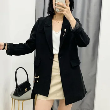 

KUMSVAG 2020 Summer Women Casual Solid Blazers Coats Long Sleeve Single Button Brooch Blazer Female Elegant OL Street Outerwear