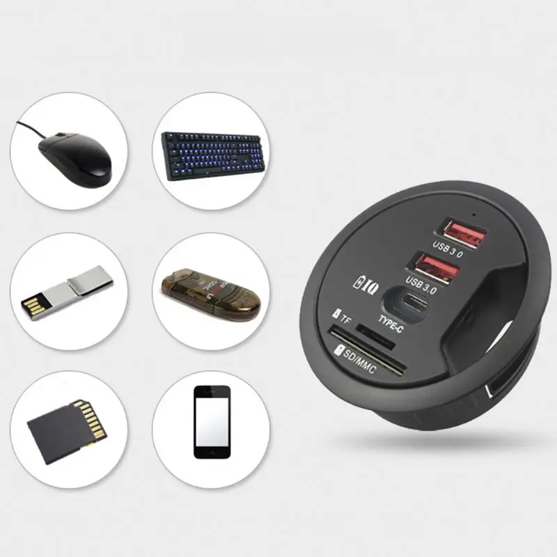 

EU US Mount In Desk USB 3.0 Type C Hub TF/SD Card Reader Adapter For Laptop PC