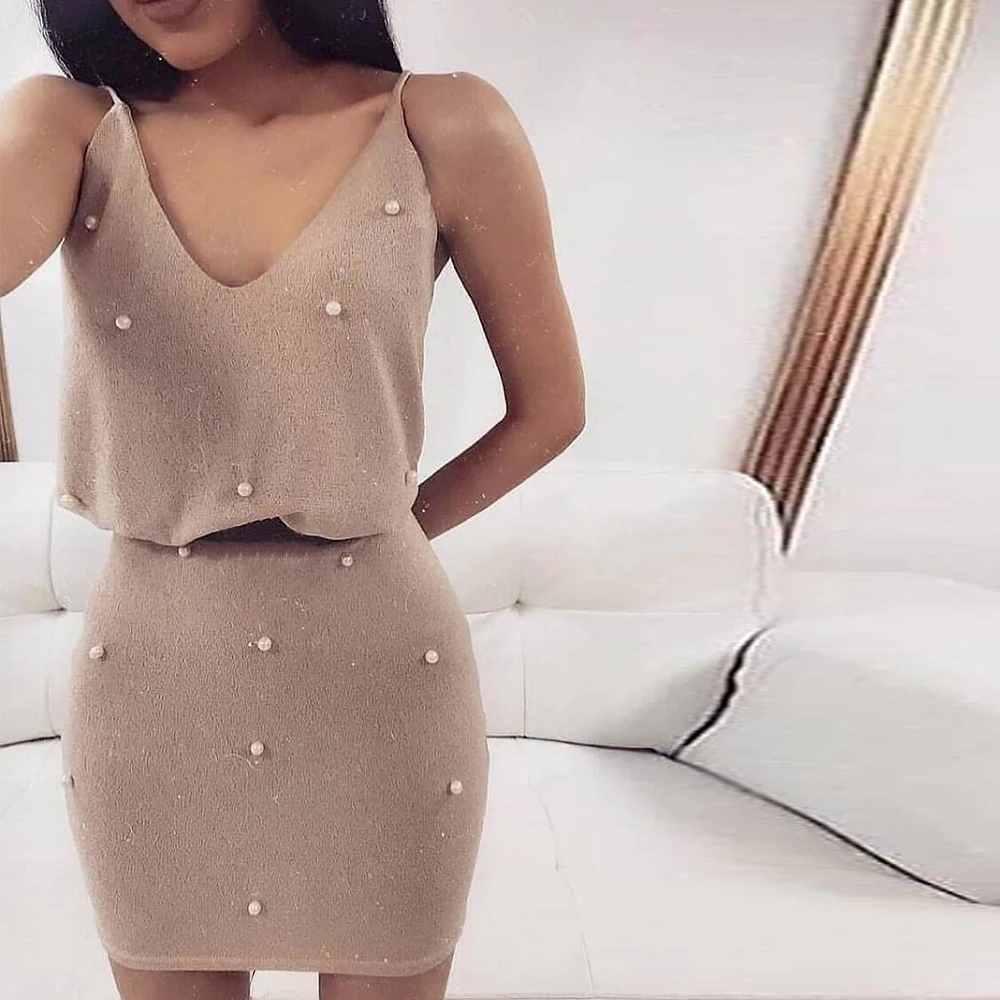 

Women Dress Sexy V Neck Dress Pearl Dress Female Strap Dresses Korean Style Women Party Beach Dresses Ladies Dresses Vestido D30