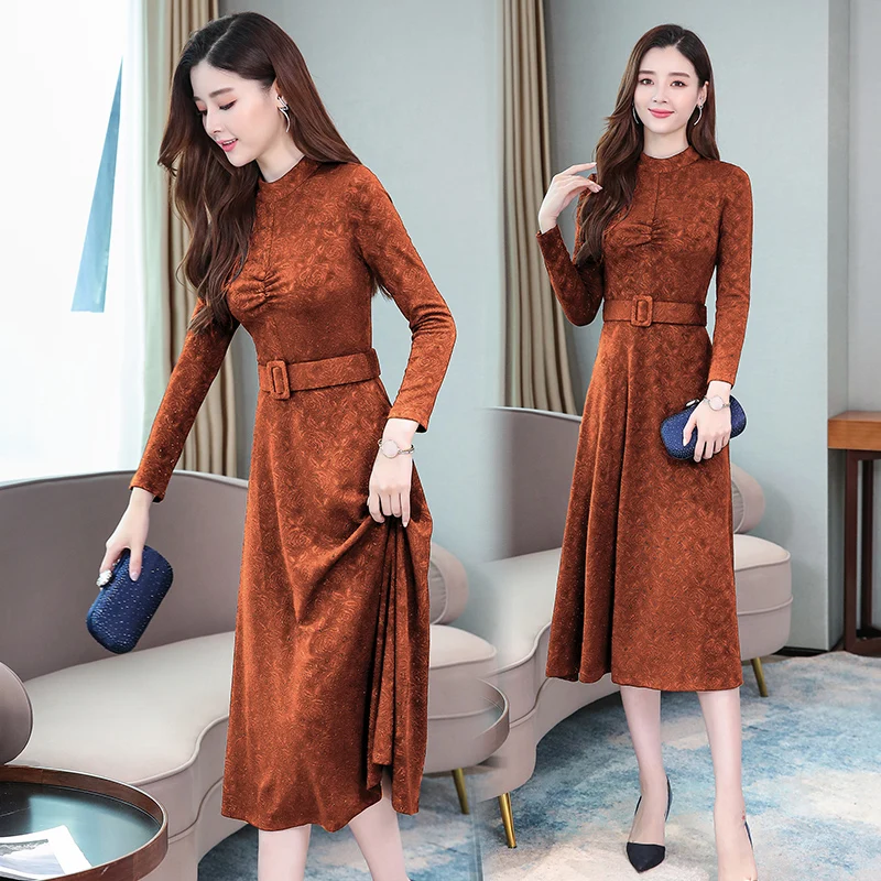 

New Slim Temperament Women Dress Autumn and Winter Print Long Sleeved Elegant Sequin Dress Clothes Caramel Colour Jujube Red