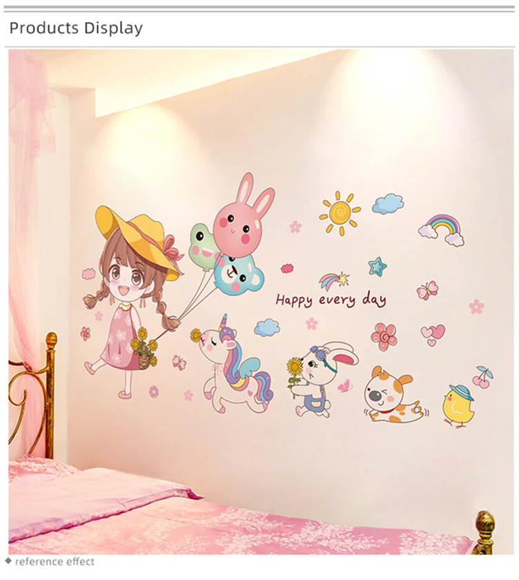 [shijuekongjian] Girl Balloons Wall Sticker DIY Stars Clouds Animals Wall Decor for Kids Room Baby Bedroom House Decoration