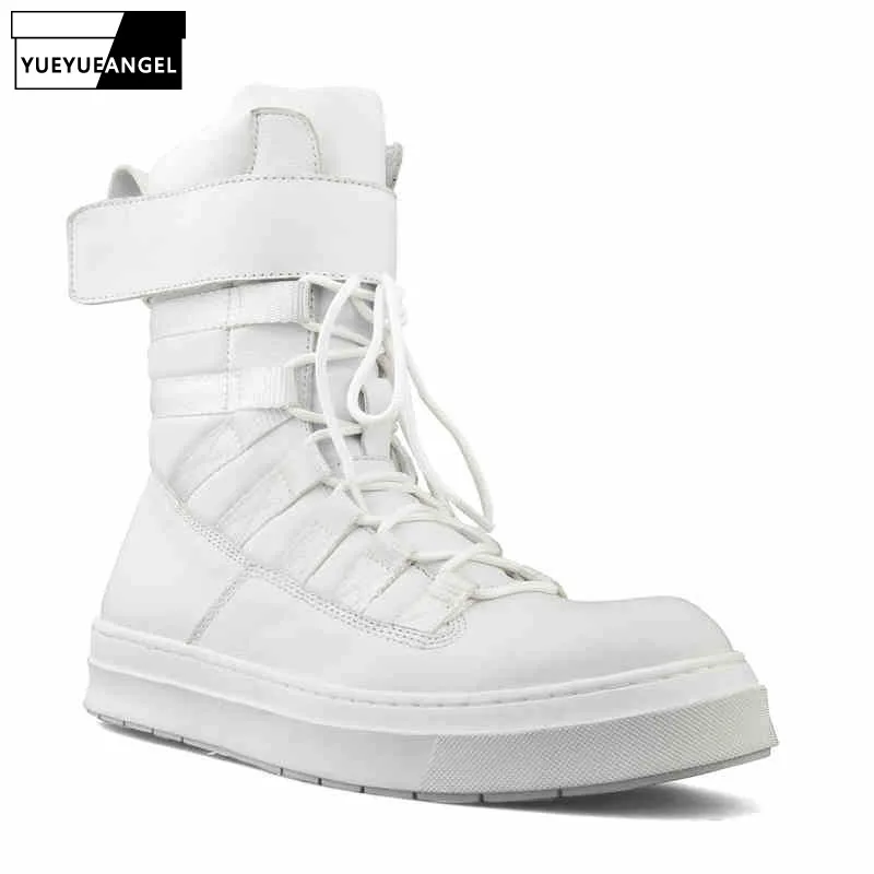 High Street High-Top Shoes Men Lace-Up Genuine Leather Platform Sneakers Luxury Black Hip Hop Autumn Army Ankle Boots | Обувь