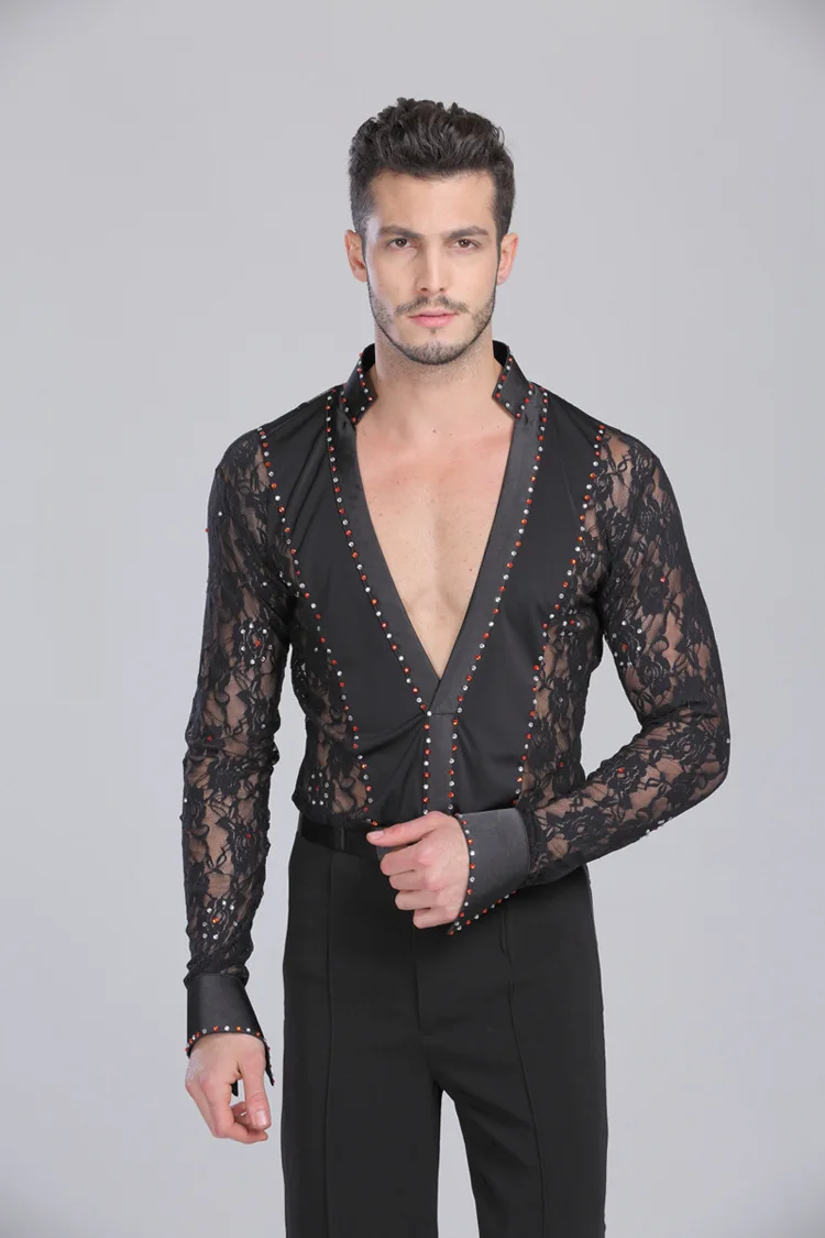 Men Latin Dance Lace black and white Garment Dance Waltz Ballroom Dance Garment Performance latin man shirts Garment Top Pants