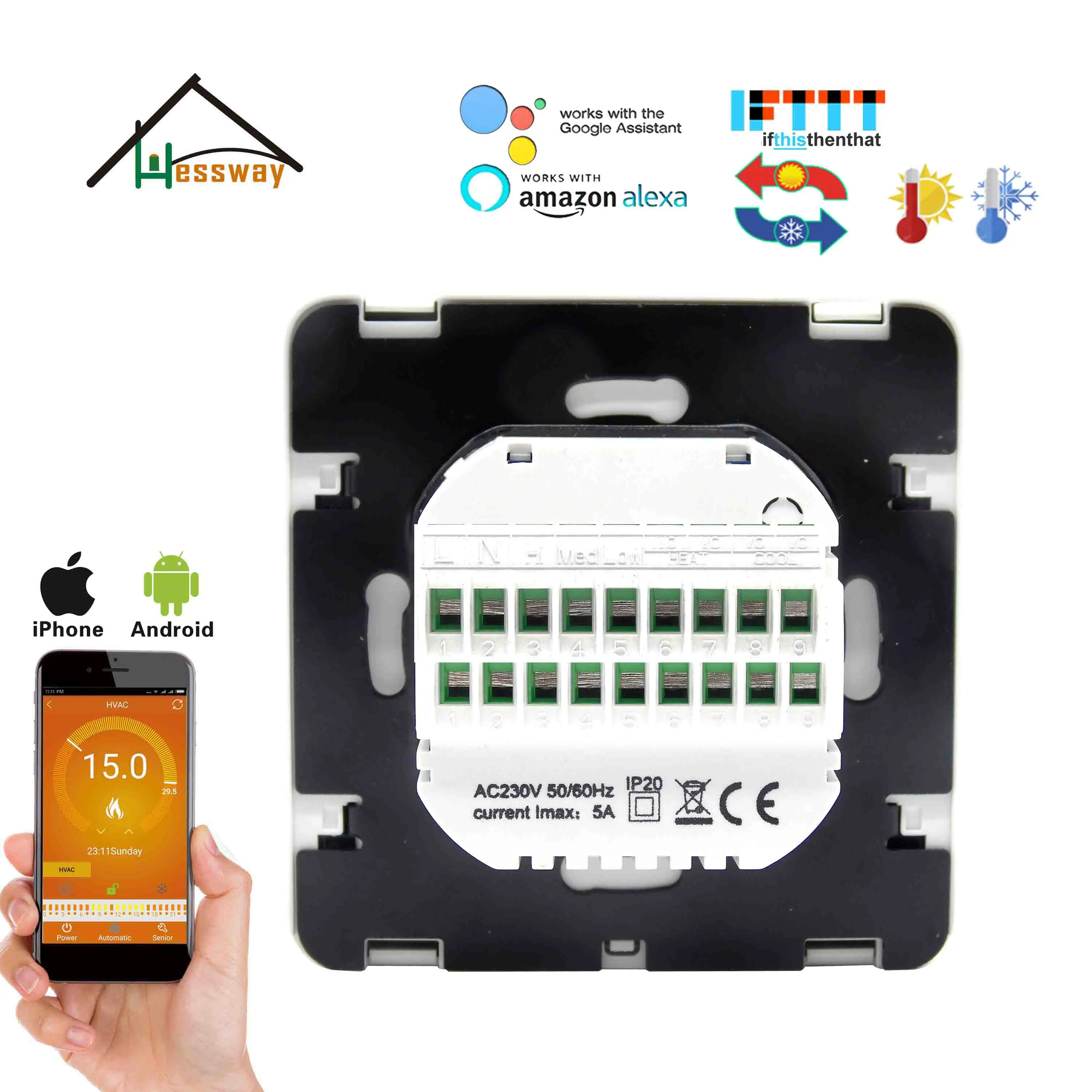 HESSWAY 4P & 2P охлаждающий нагревательный вентилятор в катушке Wi Fi термостат работает