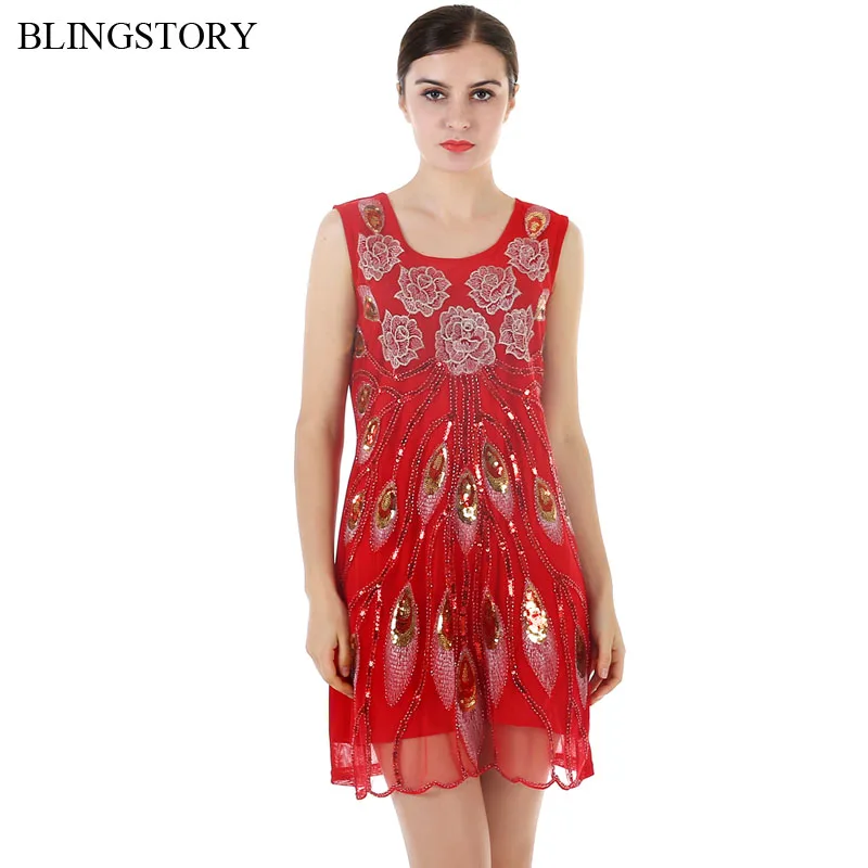 

BLINGSTORY European Embroidered Peacock Eye Flower Beaded Sequined Package Hip Red Dress KR3058-2
