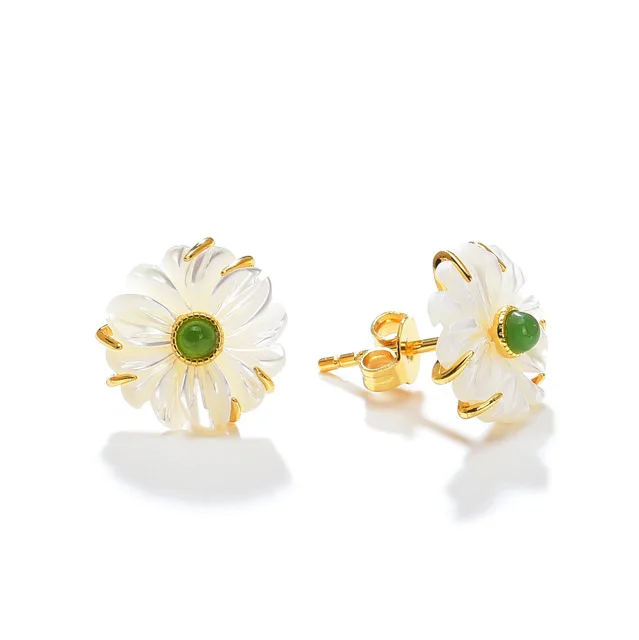 Natural stone Jade Mother of Pearl Earrings 925 sterling Silver daisy flower Stud Earring studs fine Jewelry for Women | Украшения и