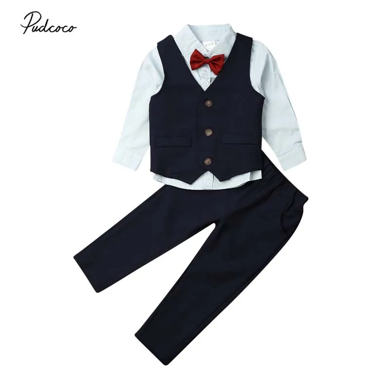Весенне-осенняя одежда для малышей, 4 предмета, детская одежда для маленьких джентльменов, галстук-бабочка для мальчиков, хлопковый топ, рубашка, жилет+ штаны, костюм, смокинг для детей 1-7 лет