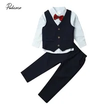 Весенне-осенняя одежда для малышей, 4 предмета, детская одежда для маленьких джентльменов, галстук-бабочка для мальчиков, хлопковый топ, рубашка, жилет+ штаны, костюм, смокинг для детей 1-7 лет