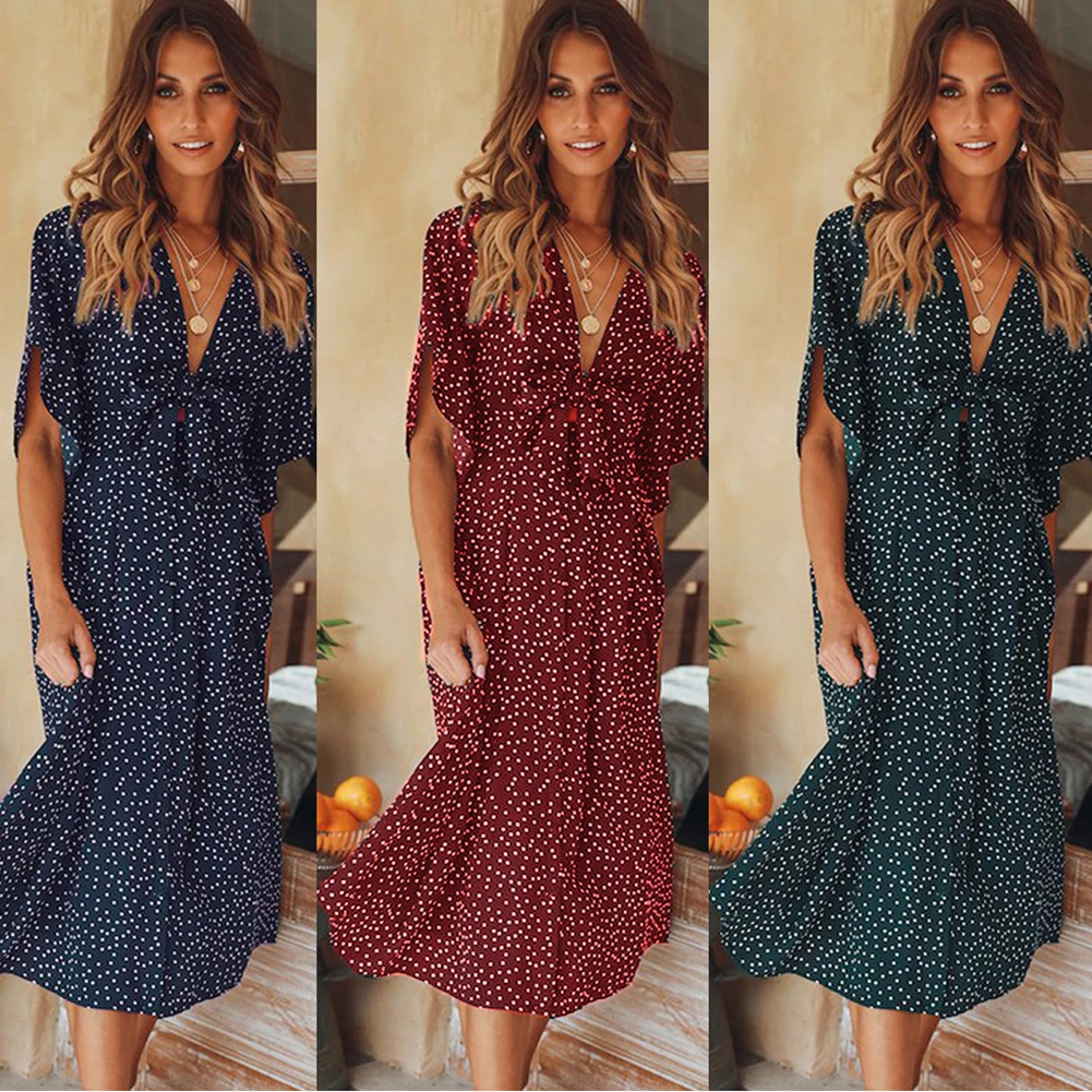 

Fadzeco Women's Fashion V Neck Dress Lace up Bowknot Polka Dot Printed Short Sleeve Dress Summer Boho Dress Beach