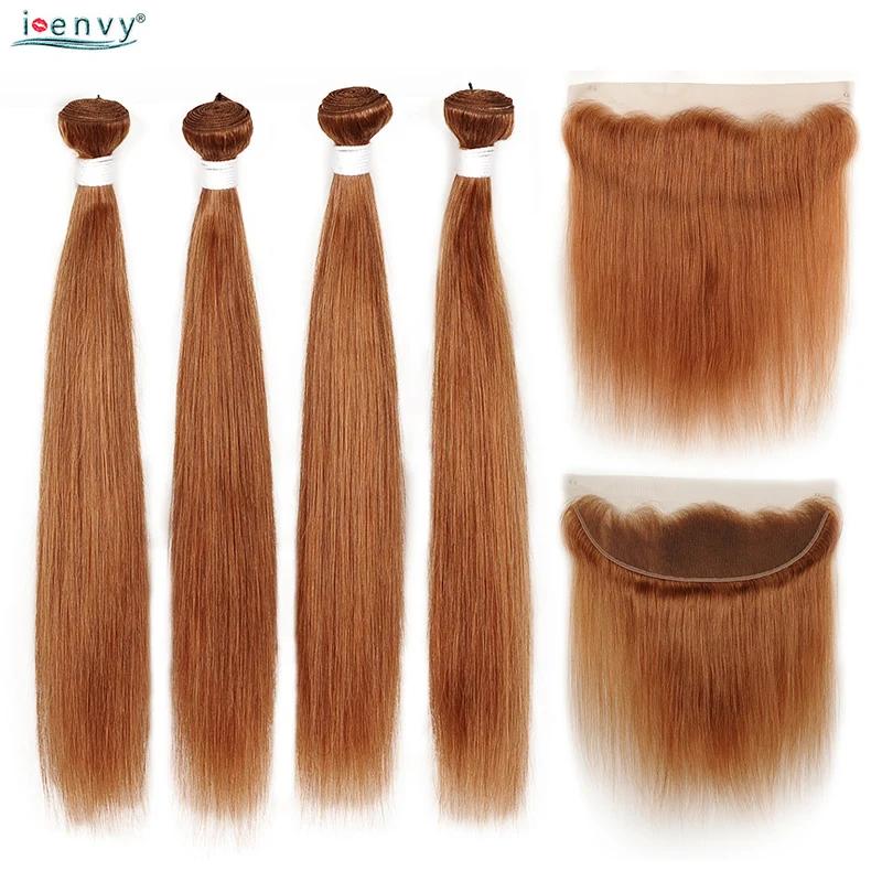 

#30 Preuvian Straight Bundles With Frontal Gold Ginger Blonde Bundles With 13*4 Lace Closure Human Hair Colored Bundle Non Remy