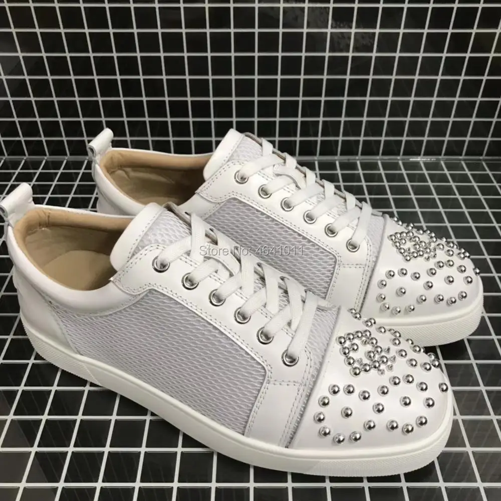 Low Cut cl andgz White Net leather Red bottom Sneaker shoes Silver Flower spikes toecap For Men casual models Flat Loafers