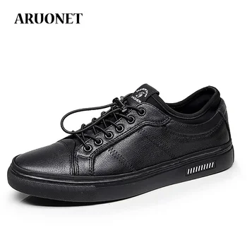 

AURONET Men Casual Sneakers Genuine Leather Shoes Mens Designer Solid Black Classic Male Lace Up Flats Shoes Calzado Hombre
