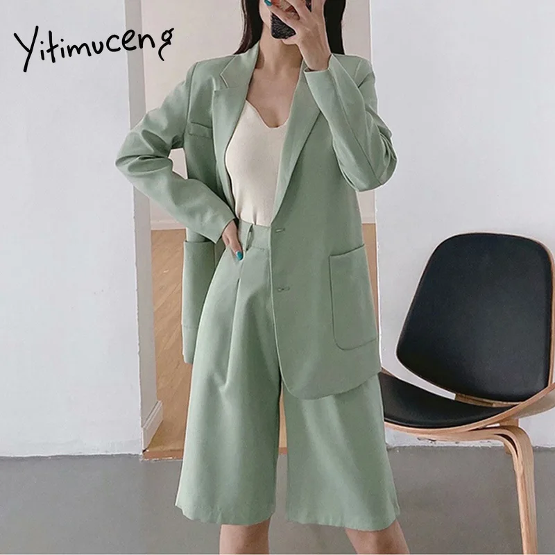 yitimuceng 2 pieces set short and blazer single breasted high waist bermuda shorts sets women green jacket OL elegant outerwear