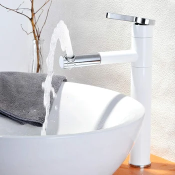 

Contemporary Bathroom Sink Faucet with Rotating Spout 11.2 Inch Tall Vessel Sink Faucet,White+Silver
