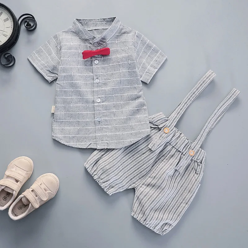 Children Clothing Suit Summer Baby Boys Girls Casual Tie Striped Shirt Shorts 2Pcs/sets Kids Infant Sportswerar Toddler Clothes