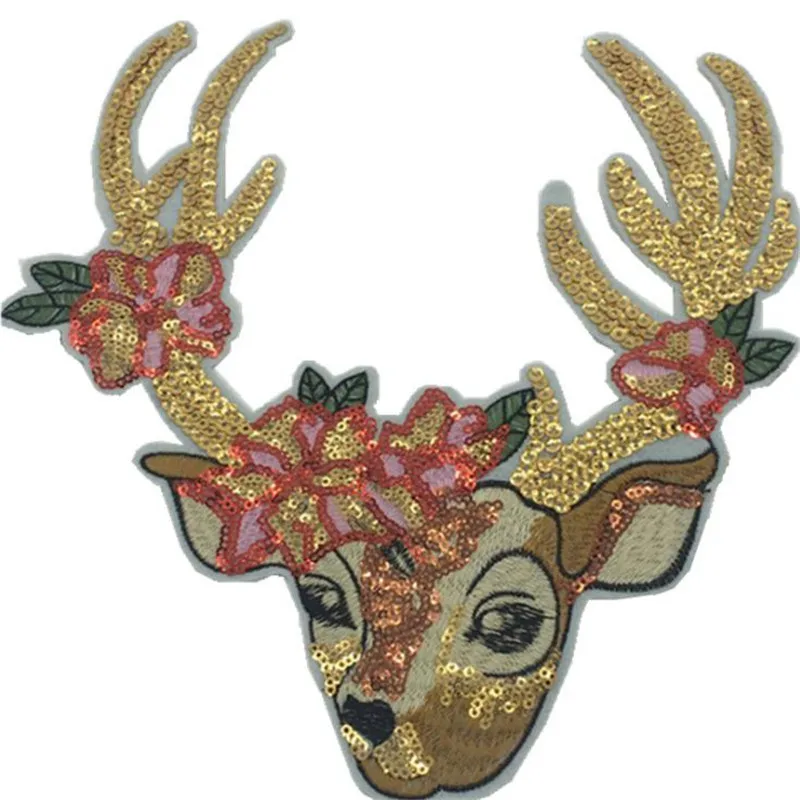 T shirt Women flower patch golden sequins 240mm deer head deal with it biker patches for clothing fabric stickers free shipping