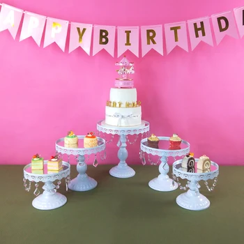 

2019 5pcs Wedding Crystals Cake Stand Set Party Cupcake Tower Stand Dessert Display Decor Tray Metal Round