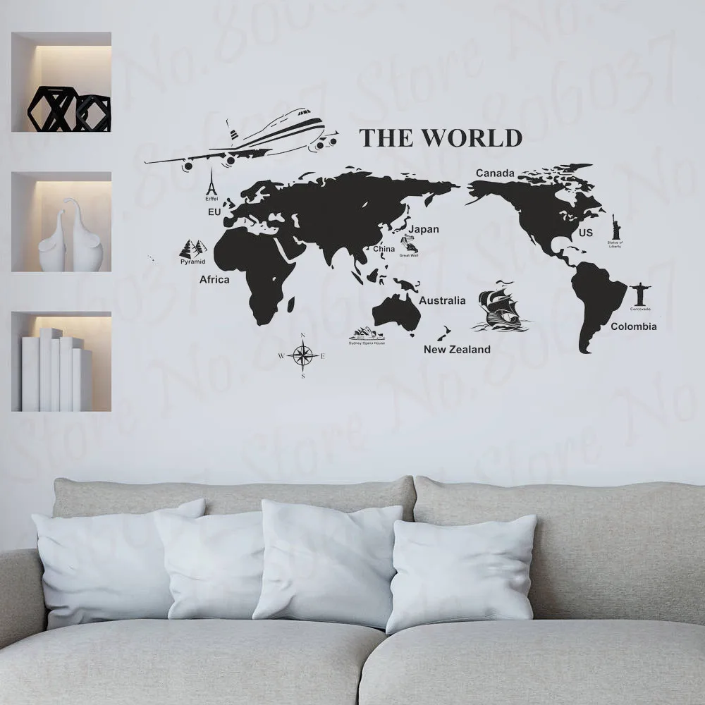 World Map Wall Stickers Vinyl Prints Home Office Business Decor Art Mural Gift 