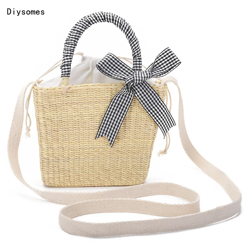 

Diysomes Handmade Straw Bag Female Forest Beach Travel Handbag Yellow Grass Small Square Fresh Bow Woven Seaside Holiday