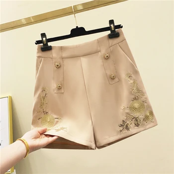 

Women Shorts 2020 Summer New Korean Style Double-Breasted Sequins Embroidery High Waist Wide-Leg Shorts Female Clothes
