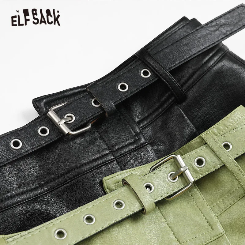 ELFSACK черный ассиметричного кроя Карманный кожаный Для женщин юбки Новинка зимы зеленый пояс локомотив трапециевидной формы женские офисные повседневная юбка