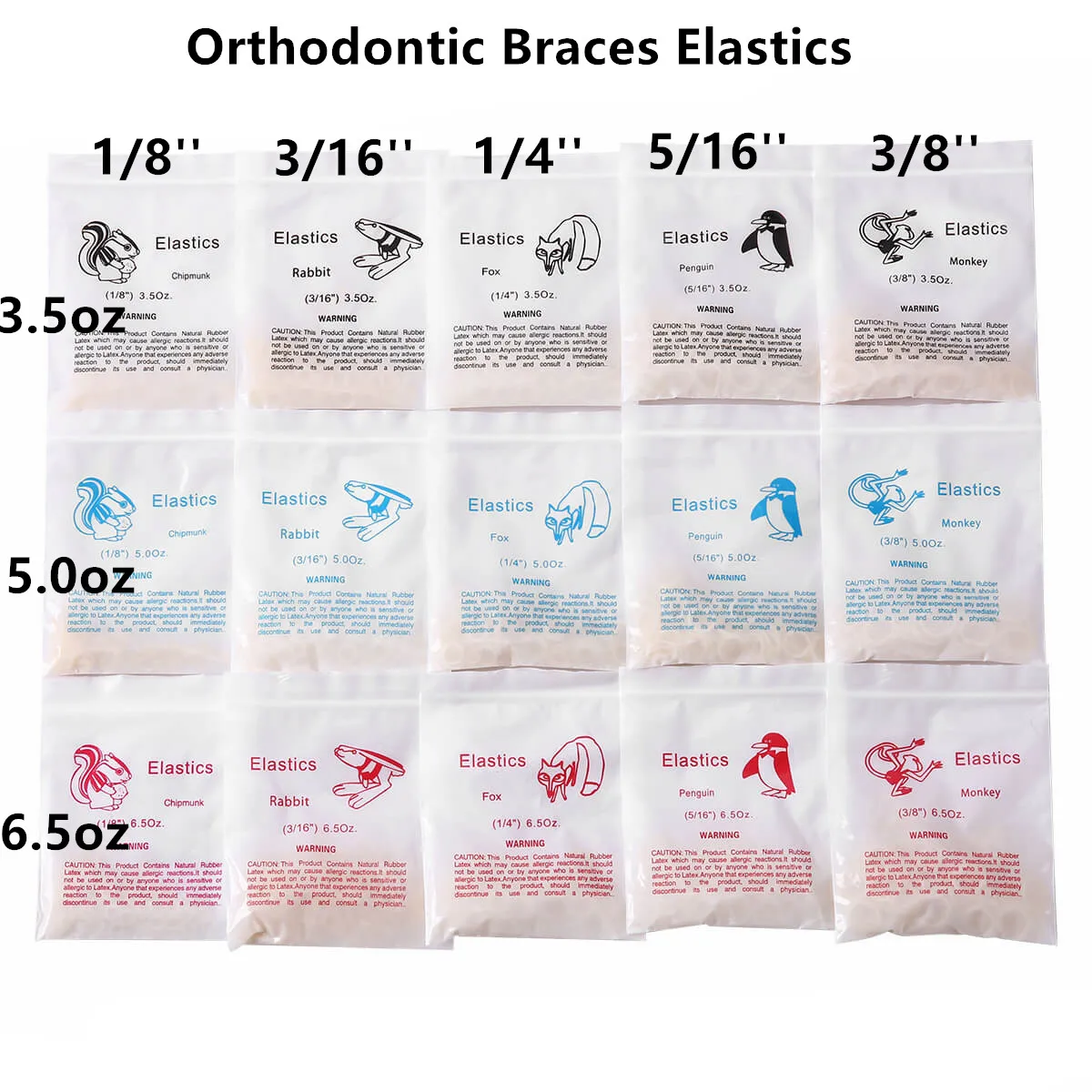 

500Pcs ZOO Pack Dental Rubber Bands Elastic Orthodontic Elastics Braces Latex 15 Size 3.5oz 5.0oz 6.5oz