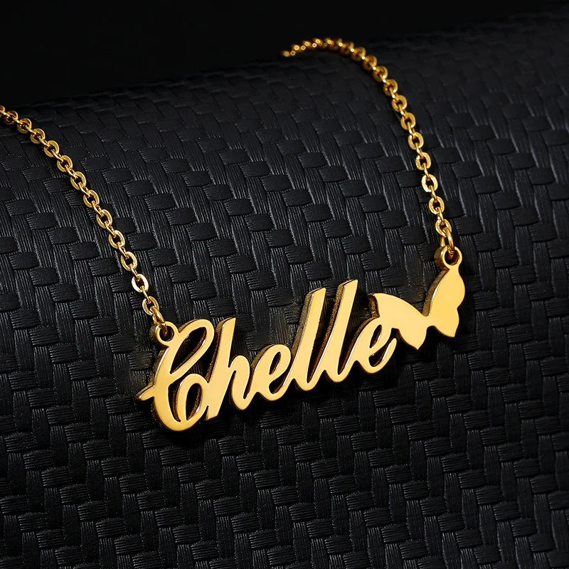 Necklace For Women Stainless Steel Choker Custom Butterfly Name Pendant Choosable Pattern Personalized Handmade Nameplate Gifts