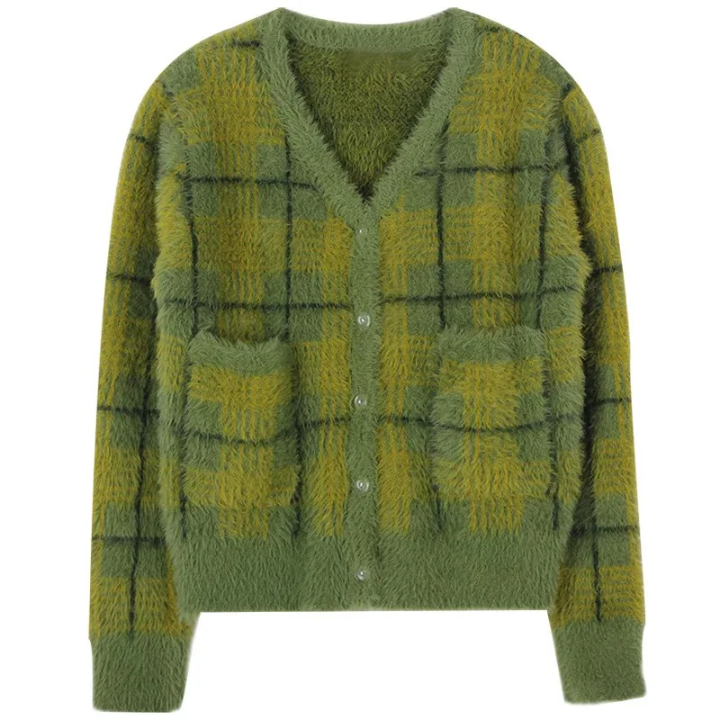 Green Plaid Cardigan Fuzzy Knit Front 