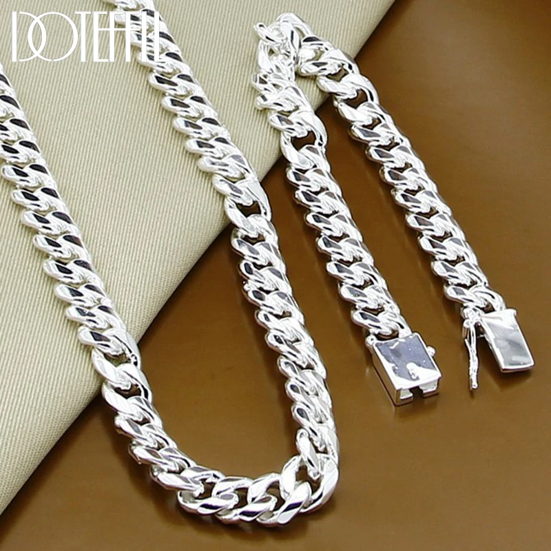

DOTEFFIL 925 Sterling Silver Sideways 10mm 22 inches Chain Square Buckle Necklace Bracelet Set For Men Women Jewelry