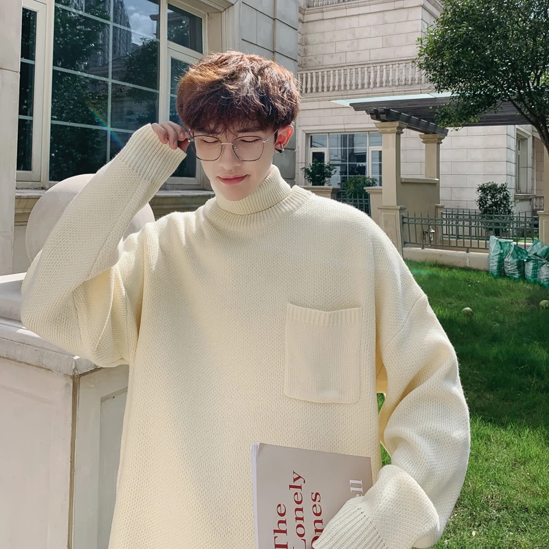 Winter High Collar Sweater Men's Warm Fashion Solid Color Casual Knit Pullover Men Loose Collar Detachable Sweater Male Clothes