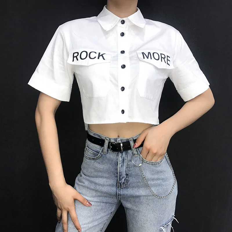 

Womens Tops and Blouses 2020 Summer Style Short Sleeve Turn Down Collar Shirt White Letter Print Streetwear Blouse Women Shirts