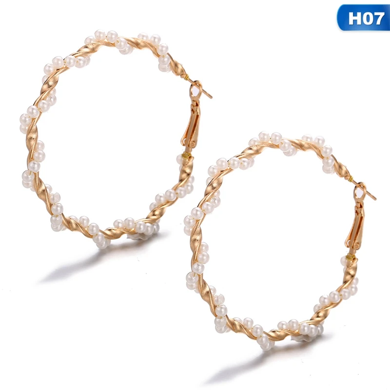 Boho Белый Искусственный жемчуг круглый круг серьги-кольца женские золотые цвета большие серьги корейские ювелирные изделия Brincos массивные серьги