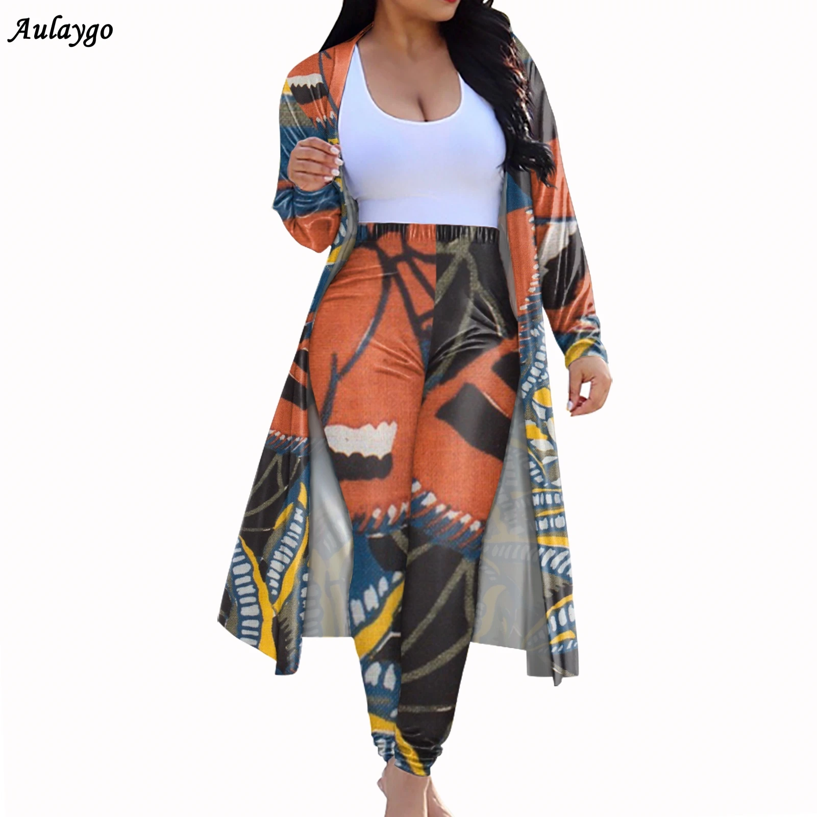 

Large Size 4xl 2 Piece Set Women Retro Cartoon Butterfly Pattern Long Sleeve Cardigan Bodycon Pencil Pants Female Clothing Hot