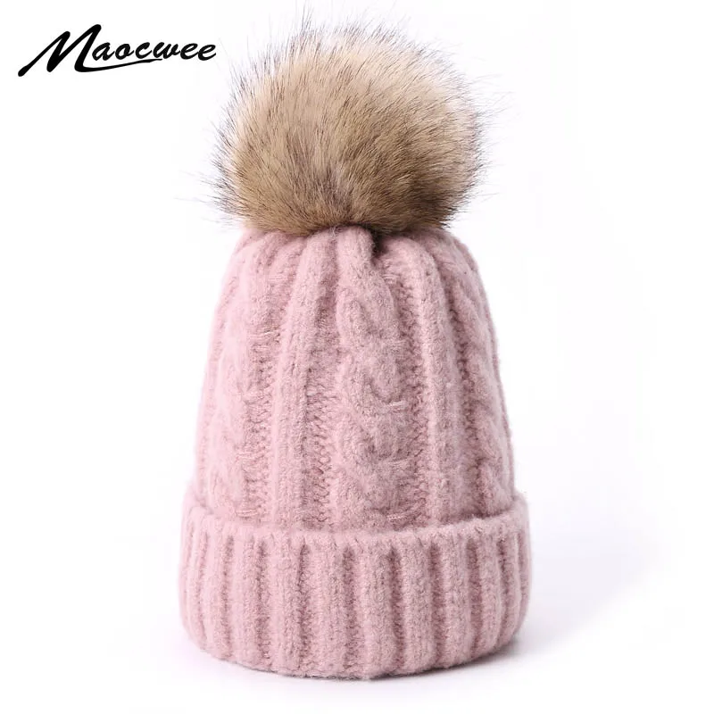 Faux Fur Pompon Beanie Hat For Women Children Winter Wool Crochet Caps For Baby Boys Girls Skullies Beanies Solid Color Ski Cap