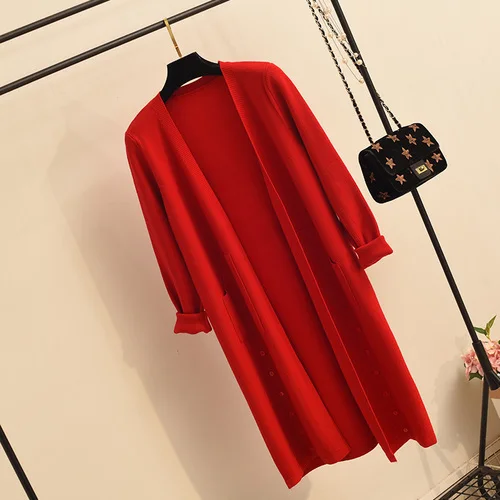 red Neploe трикотажные женские кардиганы длинные пуговицы карман свитер открытый стежок корейский v-образный вырез длинный рукав шаль джемпер куртка 55128 - Цвет: red