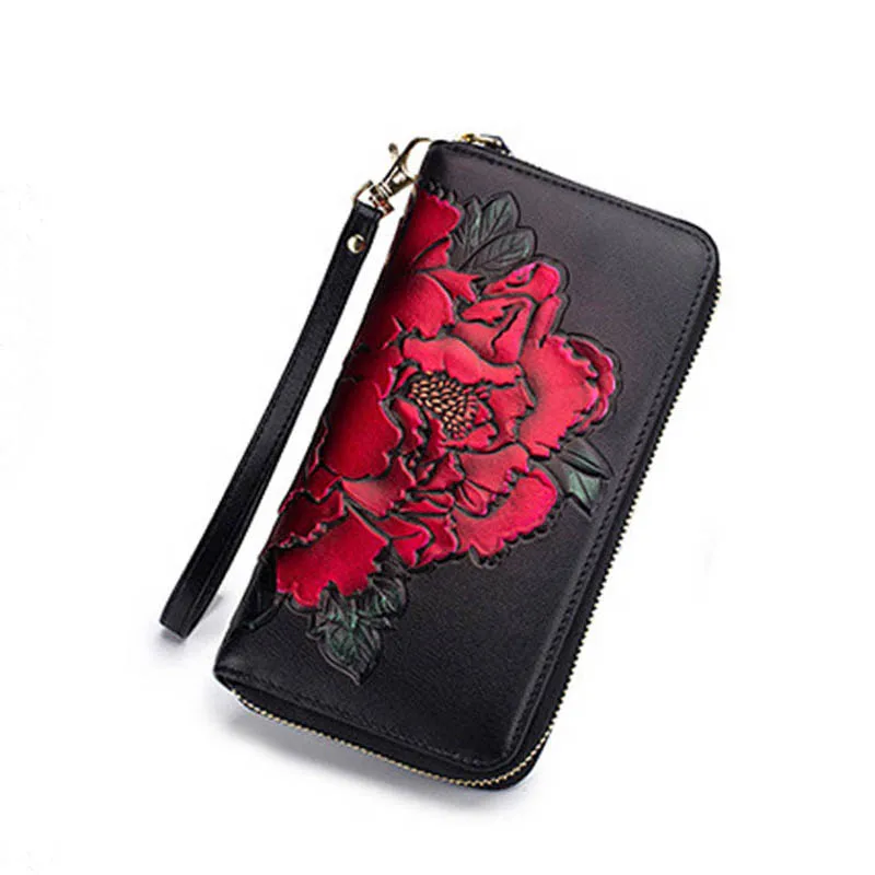 

New style peony hand-painted organ wallet ladies long multi-card slot leather large-capacity rfid wallet Chinese style