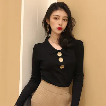 

Women Casual Solid Sweater Pullovers Long Sleeve Button V-neck chic Sweater Female Slim Knit Tops Soft Jumper L