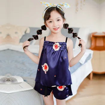 

Summer New Lovely Girls Pajamas Suit Home Clothing Silky Clothes Children Nightwear Sleep Set Print Pink Homewear Sleeowear